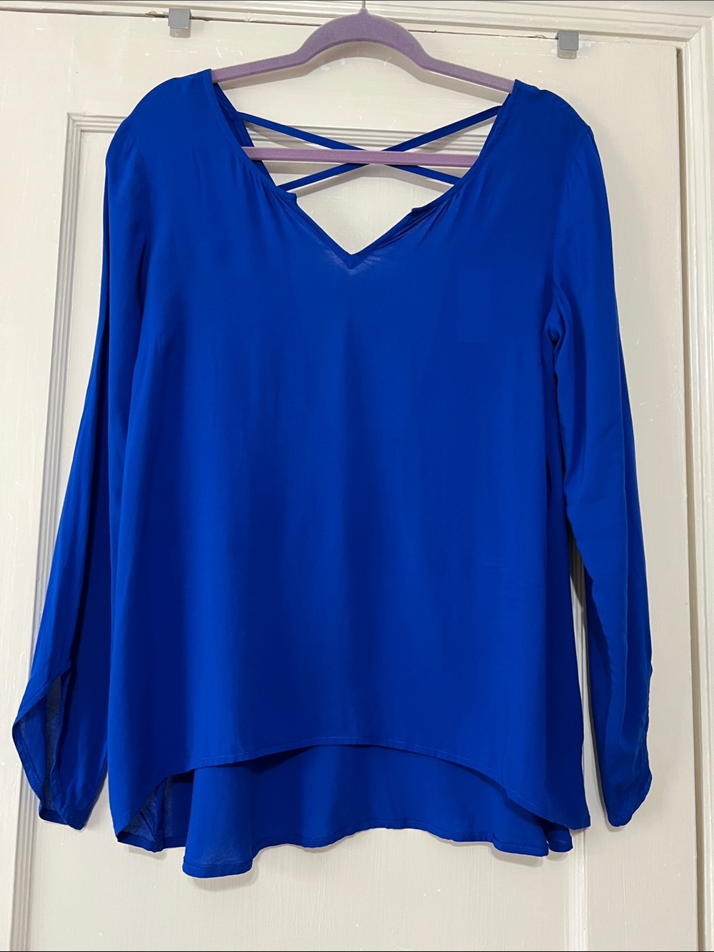 Express Royal Blue Long-Sleeve V-Back Blouse with Crossback Detail
